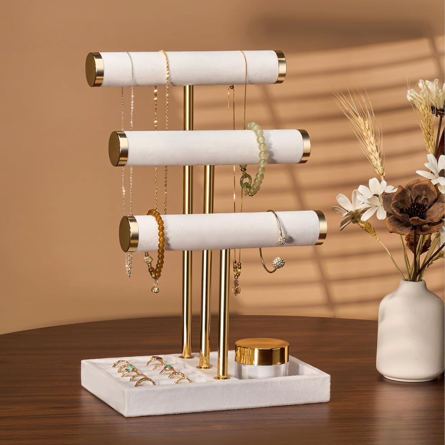 3 Tier Bracelet Holder Display - Detachable T Bar White Velvet Bracelet Holder, Jewelry Holder Organizer for Bracelet, Necklace, Watches, Rings