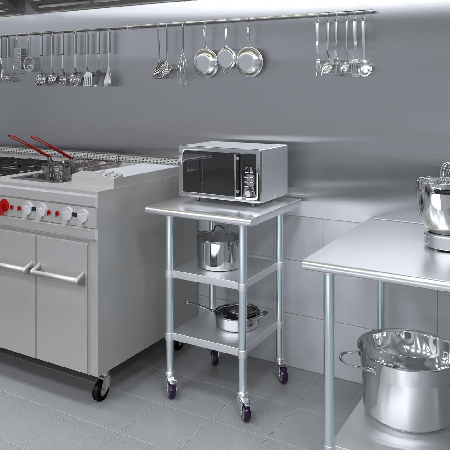AmGood Stainless Steel Work Table with 2 Shelves and Casters | Metal Utility Table On Wheels (Stainless Steel Work Table with 2 Shelves + Casters, 24" Long x 24" Deep)