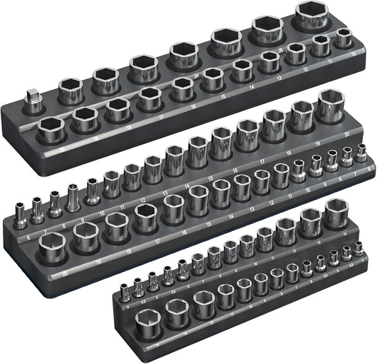 Magnetic Socket Organizer Holder Set – 3-Piece Tool Organizers Including 1/4", 3/8" and 1/2" Drive Socket Holder Metric 68 Pieces Socket Trays (Sockets are not Included) Black