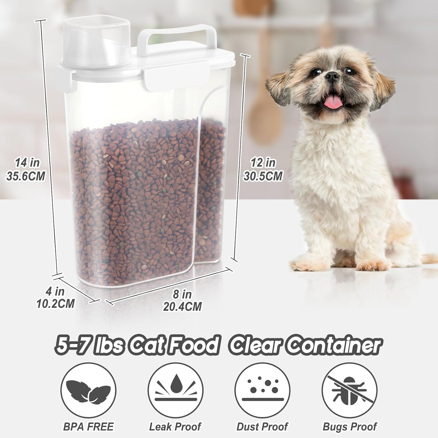 5-7Lbs Dog Cat Food Storage Container with Upgraded Large Nozzle BPA-free, 4 Snap Seals Plastic Pet Food Storage Containers with Handles (White, 5L-1pack)
