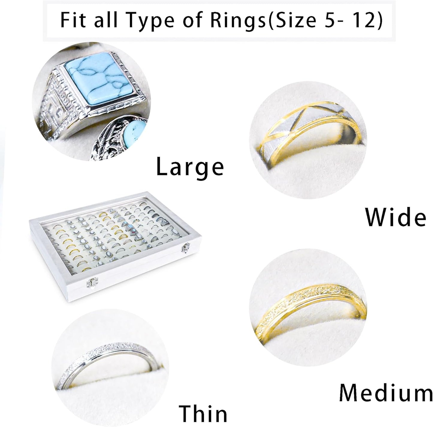 Frebeauty Ring Organizer Tray 100 Slots Ring Holder with Clear Lid Velvet Storage Box Jewelry Tray for Jewelry Store Earring Display Case for Jewelry Show Studs Box for Women(White)
