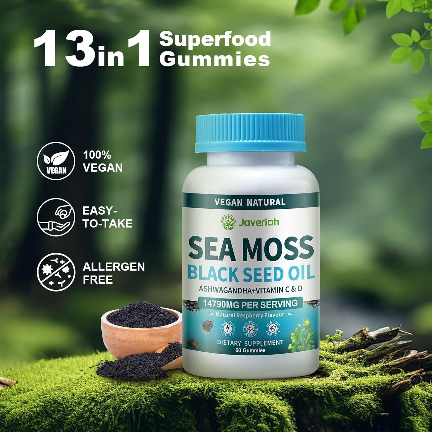Vegan Ashwagandha Sea Moss Gummies - Black Seed Oil, Vitamin C&D for Immune Support, Digestive, Antioxidant 13 in 1 Bundle, Sea Moss Chlorophyll Advanced Strength Formula 2Pack 120 Gummies