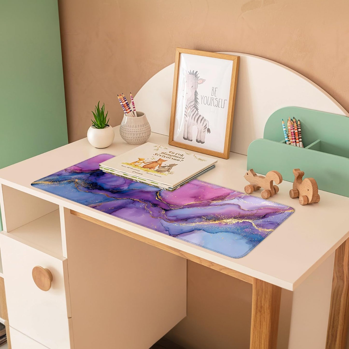 Purple Marble Ink Mouse Pad – Large Extended Desk Mat 31.5 x 11.8 in– Alcohol Ink Watercolor with Gold Vein Design, Non-Slip Base, Waterproof Surface, Aesthetic Keyboard & Mouse Pad