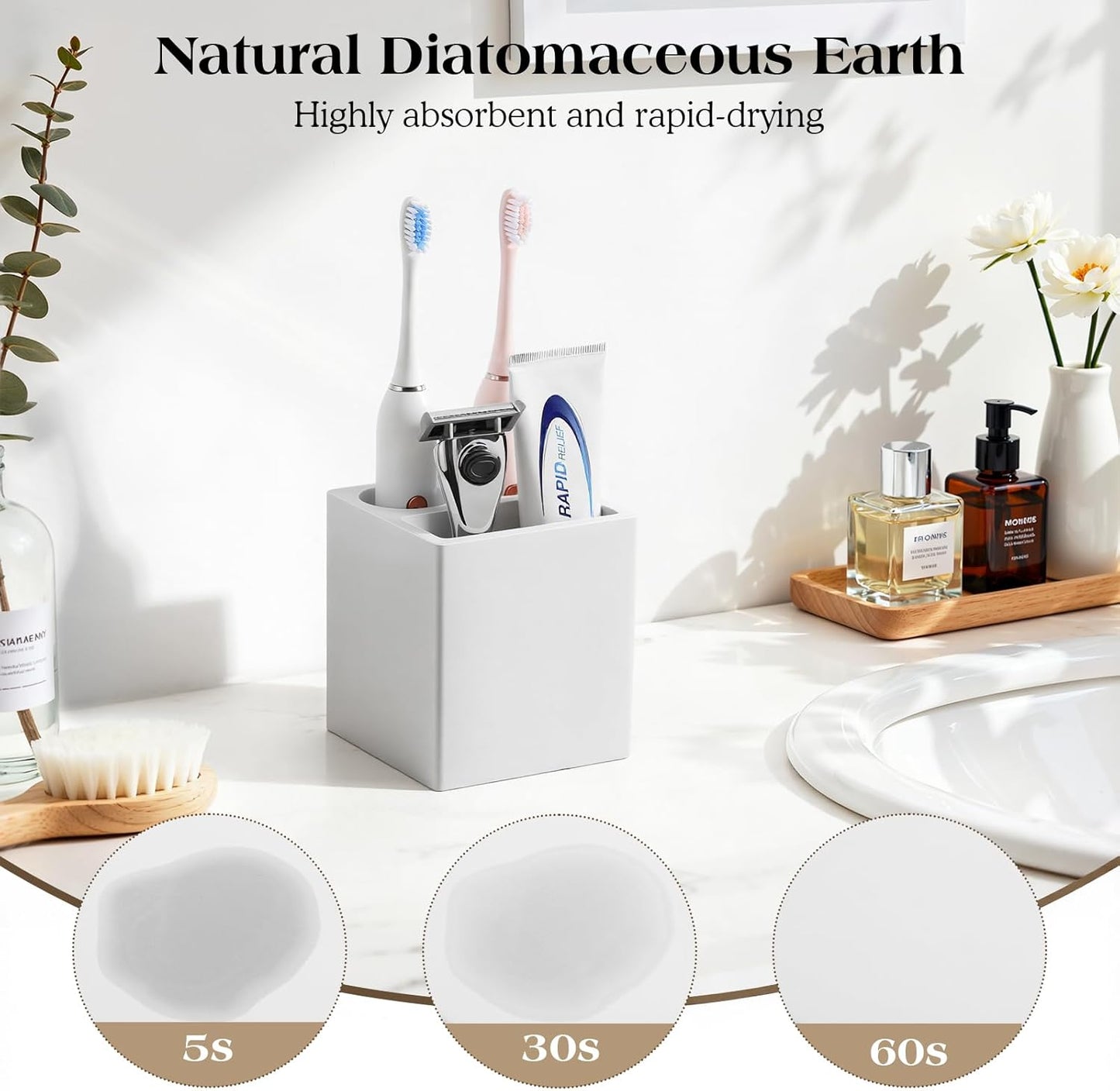 Luxspire Toothbrush Holder, 3 Slots Fast Drying Tooth Brush Holder for Bathroom, Diatomite Electric Tooth Brush and Toothpaste Organizer for Bathroom Kitchen Vanity Countertop, Light Gray