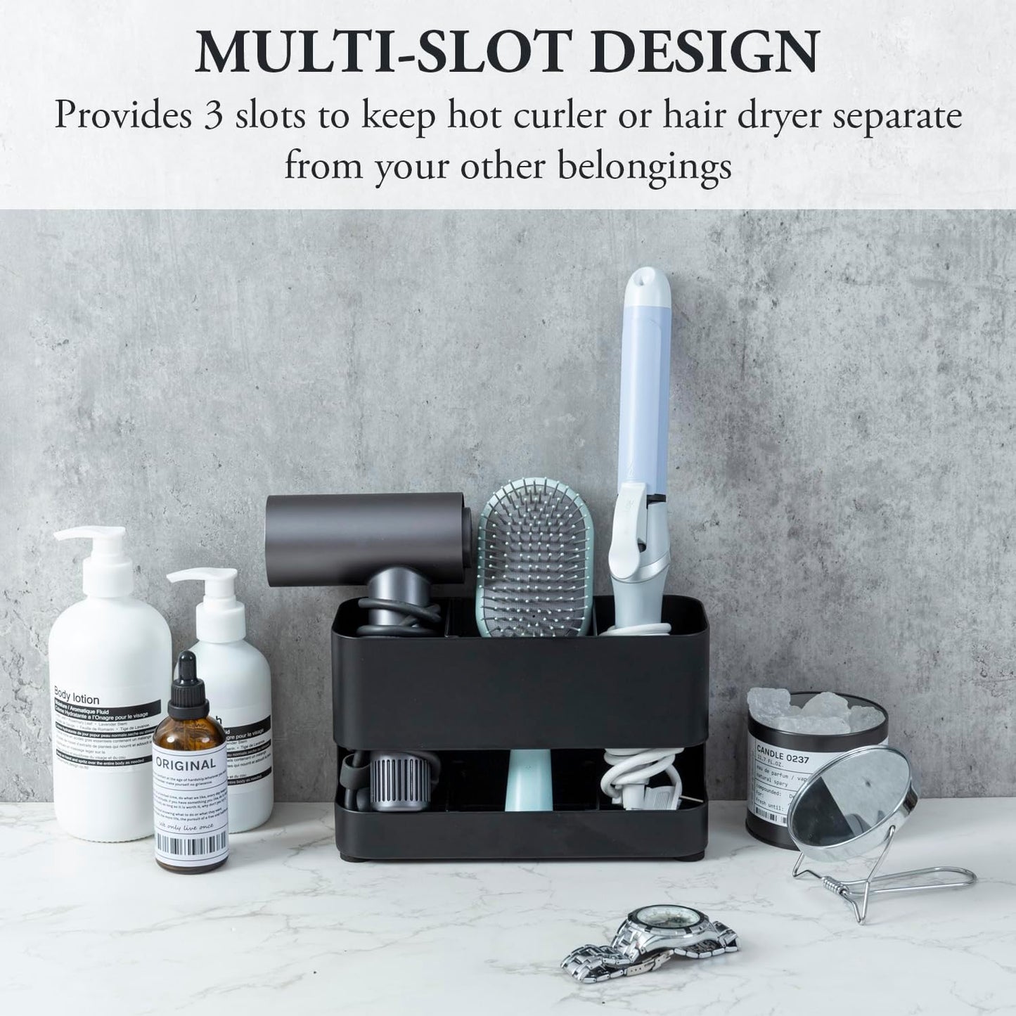 MyGift Hair Tools Organizer with 3 Slots, Black Metal Curling Iron Holder, Wall Mounted Salon Hot Tools Organizer, Blow Dryer, Straightener and Hair Brush Holder