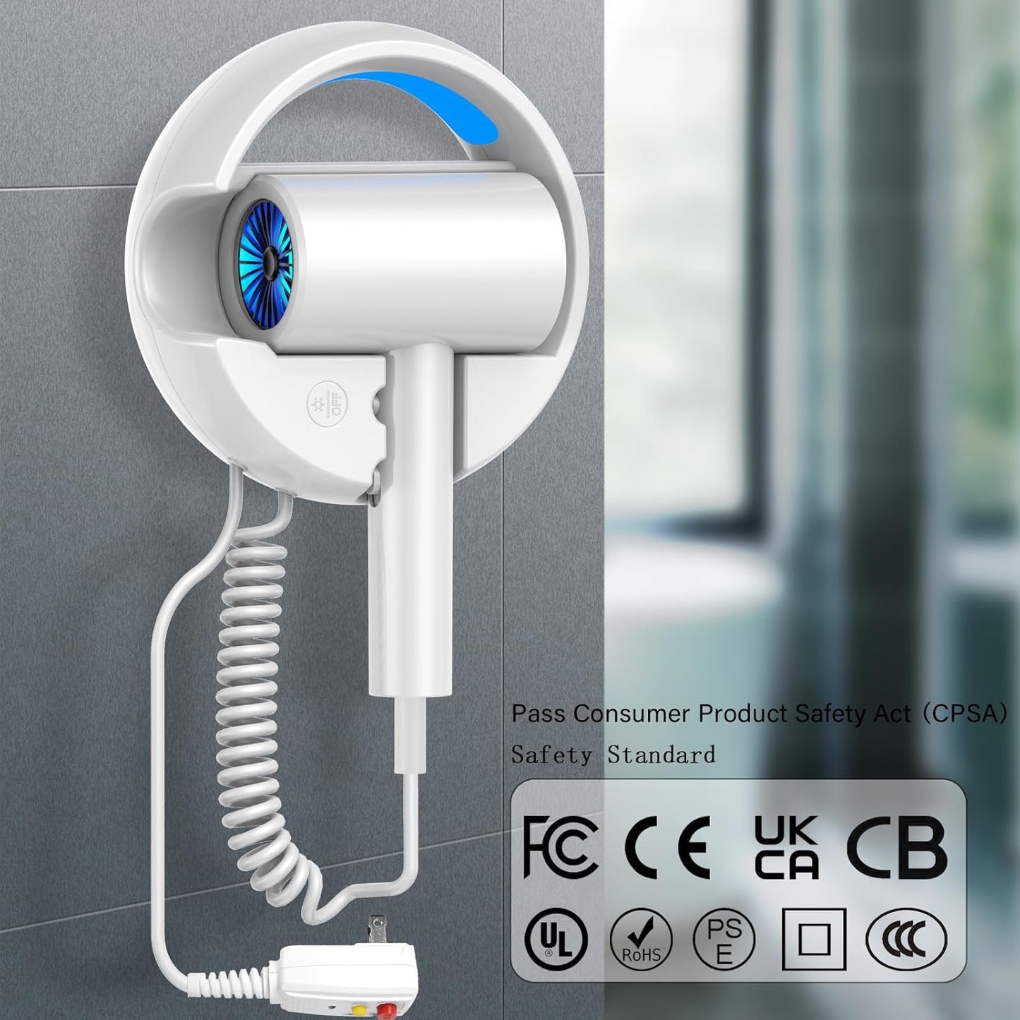 110V Hotel Wall Mounted Hair Dryer for Bathroom（with Night Light） Professional Styling HairDryer for Salon【Blue Light Negative Ions】 Fast Drying Restroom Blow Dryer，Matte Texture - Pearly White