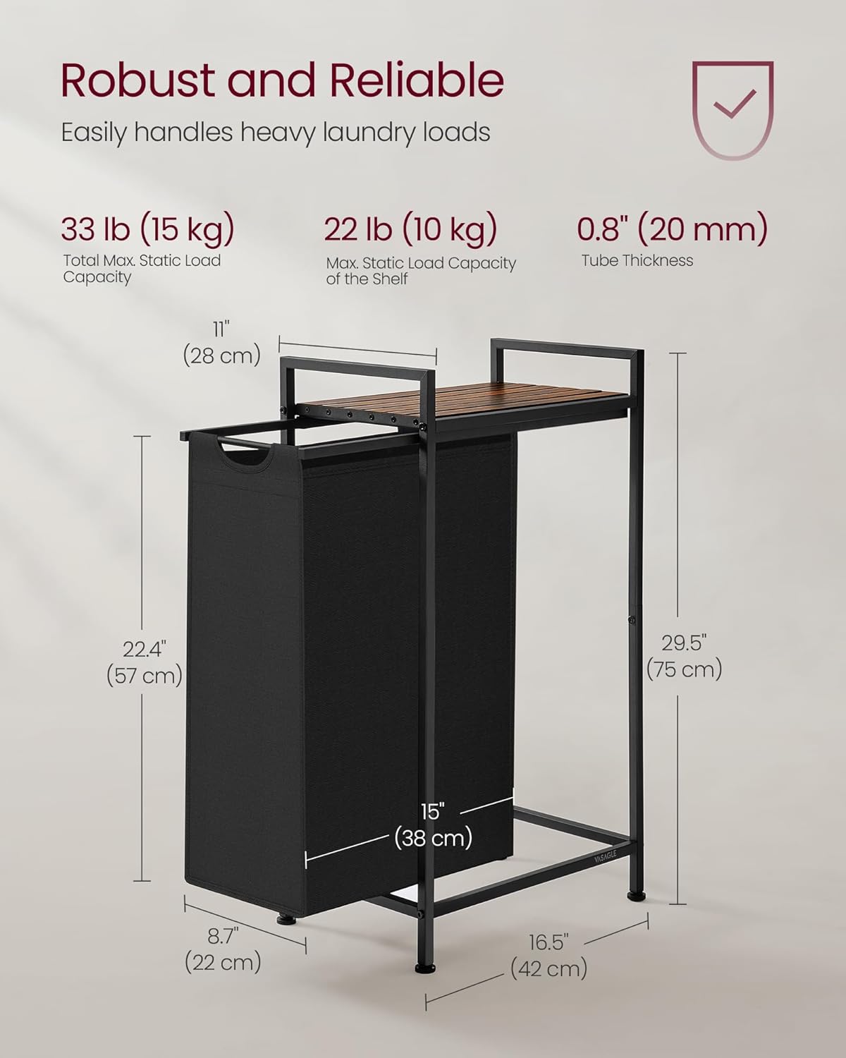 VASAGLE Laundry Hamper, Laundry Basket, Laundry Sorter with a Pull-Out and Removable Bag, Shelf, Metal Frame, 12.4 Gallons (47 L), 16.5 x 11 x 29.5 Inches, Ink Black and Rustic Brown UBLH001B01