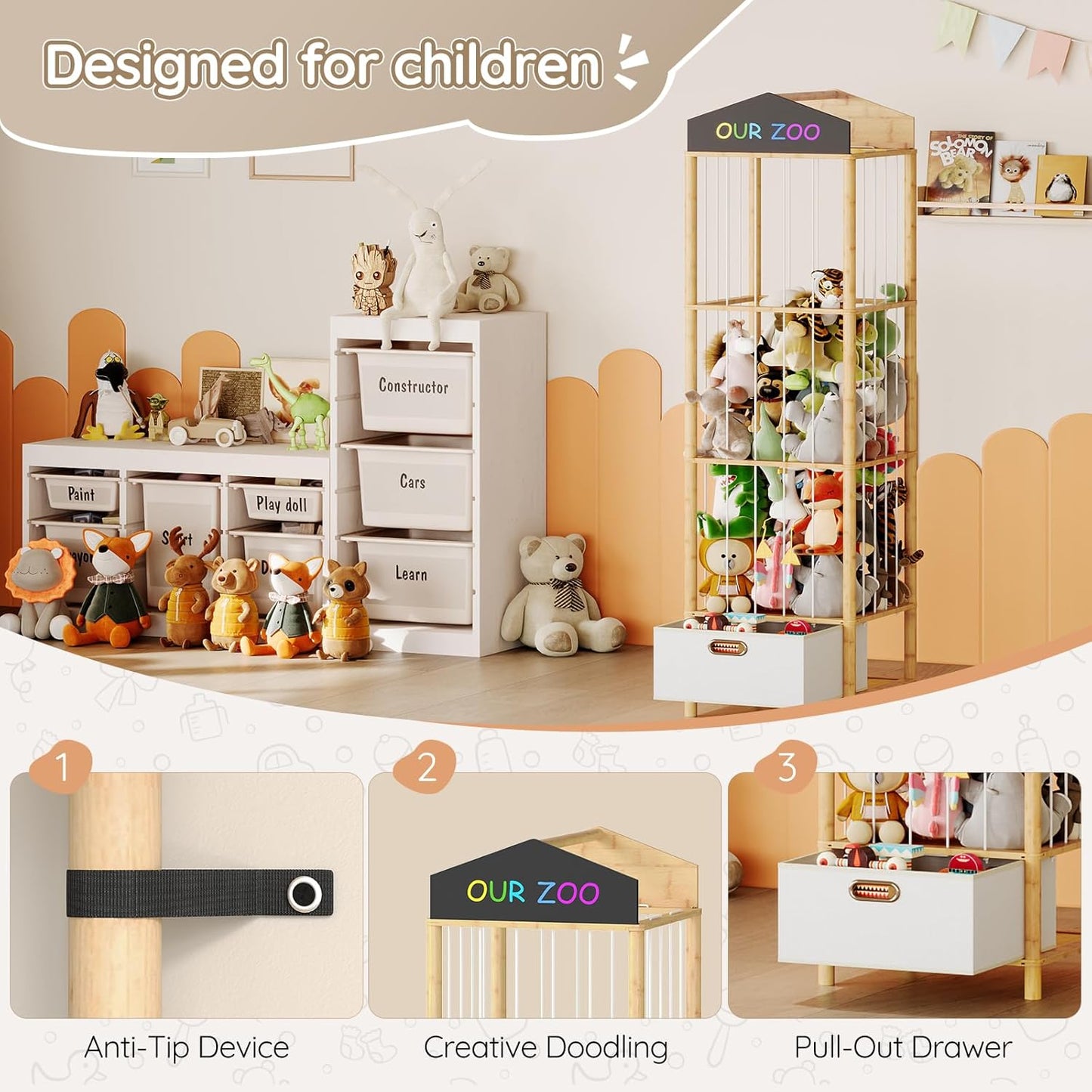 HOOBRO Stuffed Animal Storage & Organizer, Bamboo Stuffed Animal Holder with Fabric Drawer and DIY Chalkboard, Plush Toy Organizer for Playroom, Living Room, Nursery, Natural and Beige YL66CW01
