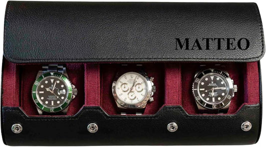 DailyWatch | Personalized Watch Roll Travel Case For 3 Watches - Handmade Genuine Leather Travel Case With Custom Engraving of Name or Initials - Black Cherry