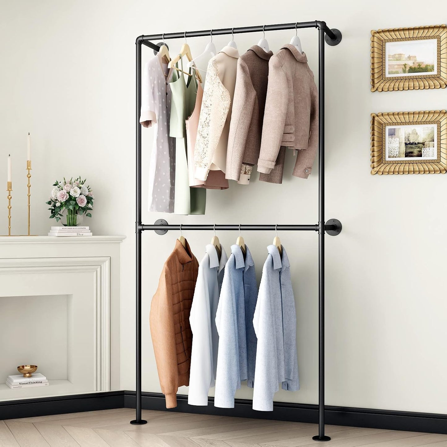 Industrial Pipe Clothing Rack Wall Mounted Garment Rack, Black Pipe Clothes Rack Retail Display Hanging Rod for Closet Storage, Laundry Room