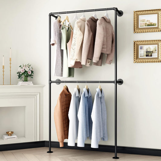 Industrial Pipe Clothing Rack Wall Mounted Garment Rack, Black Pipe Clothes Rack Retail Display Hanging Rod for Closet Storage, Laundry Room