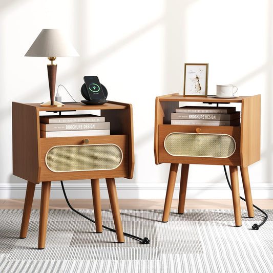 Night Stand Set 2, Mid Century Modern Nightstands, Rattan Bedside Table with Charging Station, Boho End Table with Drawer Storage, Solid Wood Legs Bed Side Tables for Bedroom, Cherry
