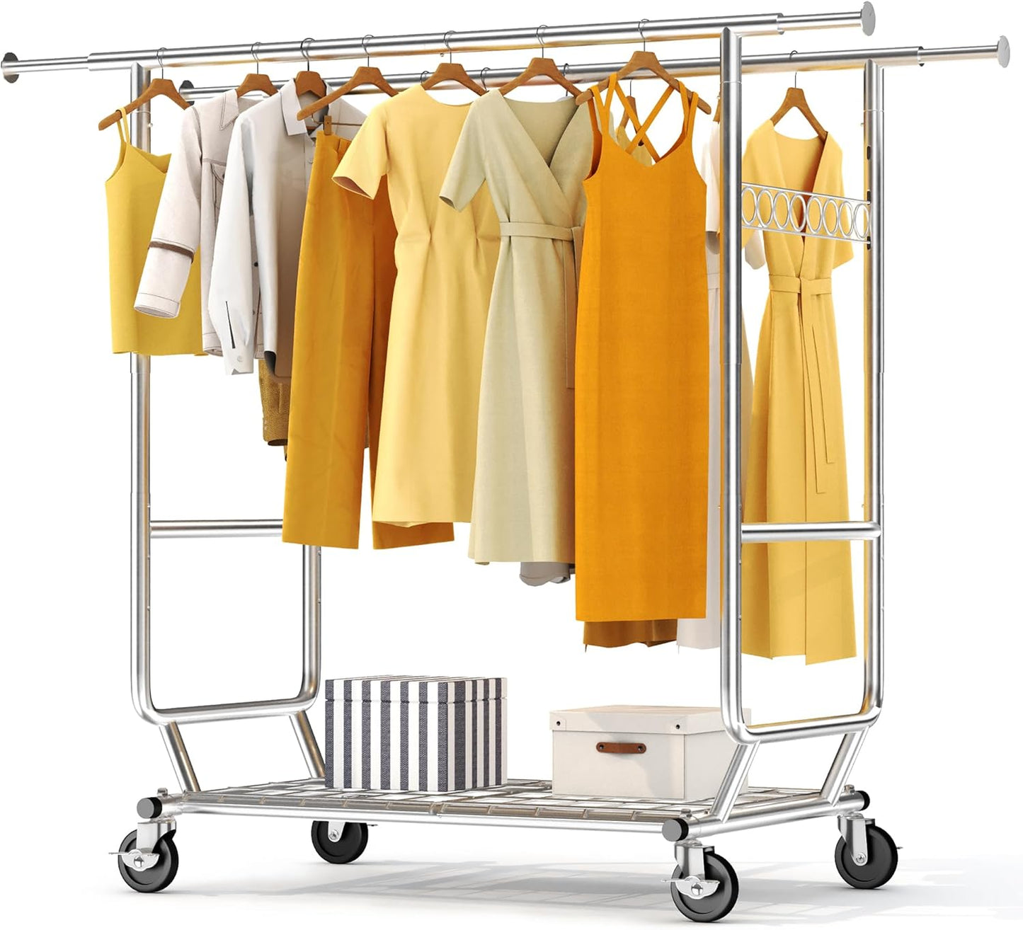 HOKEEPER 600 lbs Commercial Clothing Garment Rack with Shelves Clothing Racks on Wheels Rolling Closet Clothes Rack Heavy Duty Portable Collapsible Adjustable, Chrome Finish