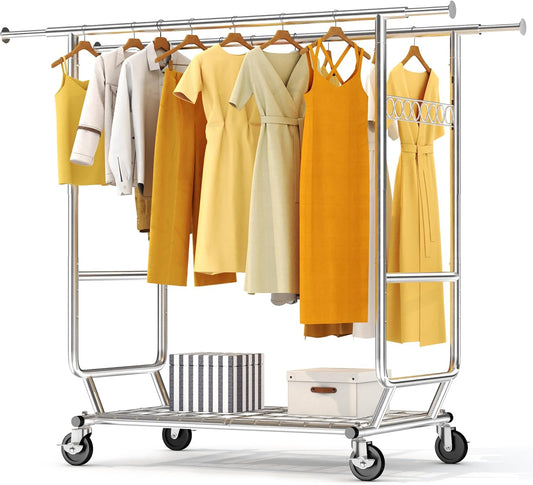 HOKEEPER 600 lbs Commercial Clothing Garment Rack with Shelves Clothing Racks on Wheels Rolling Closet Clothes Rack Heavy Duty Portable Collapsible Adjustable, Chrome Finish