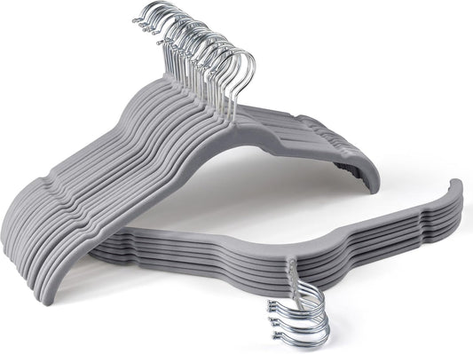 Premium Velvet Shirt Hangers 30 Pack, Space-Saving Non-Slip Felt Hanger with 360° Swivel Hook, Slim Flocked Hangers for Strappy Dresses, Blouses, Tank Tops(Grey)