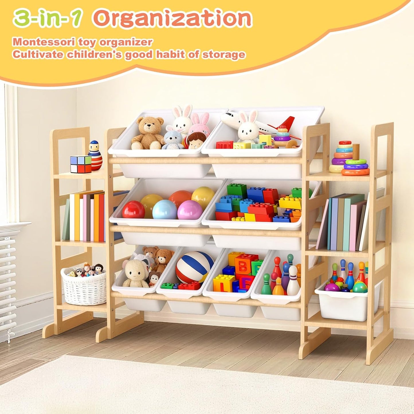 Wooden Toy Storage Organizer for Kids, Multi-Tier Toy Organizer with Bins & Side Montessori Bookshelves, Sturdy Natural Wood Playroom Storage Solution for Toys, Books, Games