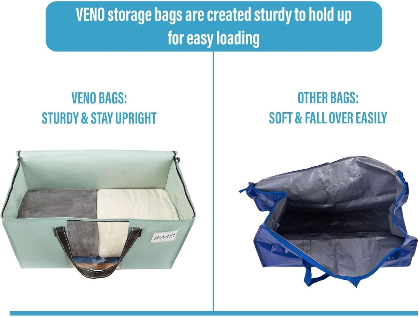 VENO 4 Pack Moving Bags, Comforter and Blanket Storage Bags for Closet, Moving Boxes, Boxes with Lids Alternative, College Dorm Packing Supplies, Foldable Heavy-Duty Tote (Light Green Matte, 4 Pack)