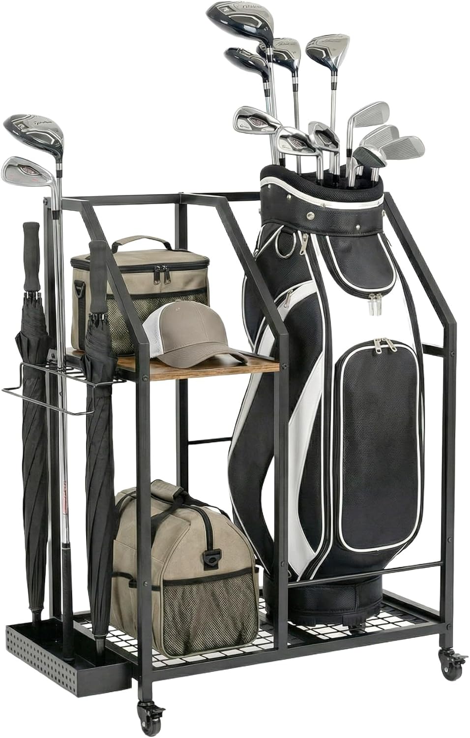 Golf Storage Organizer for Garage, Golf Bag Storage Rack with Wheels, Mobile Golf Club Rack for Garage, Heavy Duty Golf Bag Holder Stand with Rolling Wheels & Multi Storage