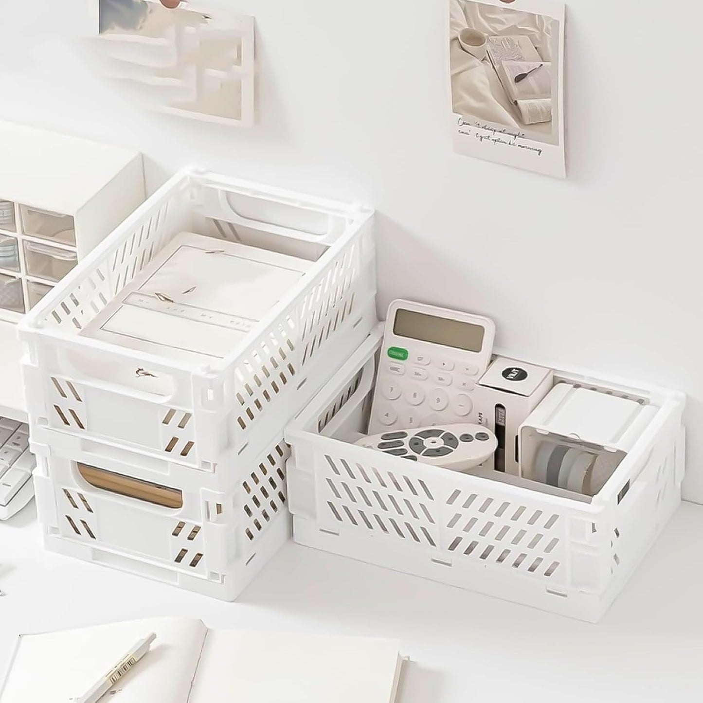Small Pastel Plastic Storage Bins 2Pcs Foldable Pastel Crates Plastic Basket Colorful Storage Containers Baskets for Classroom Kitchen Office Bedroom Desktop Home Decor (White 9.8" x 6.5" x 3.8")