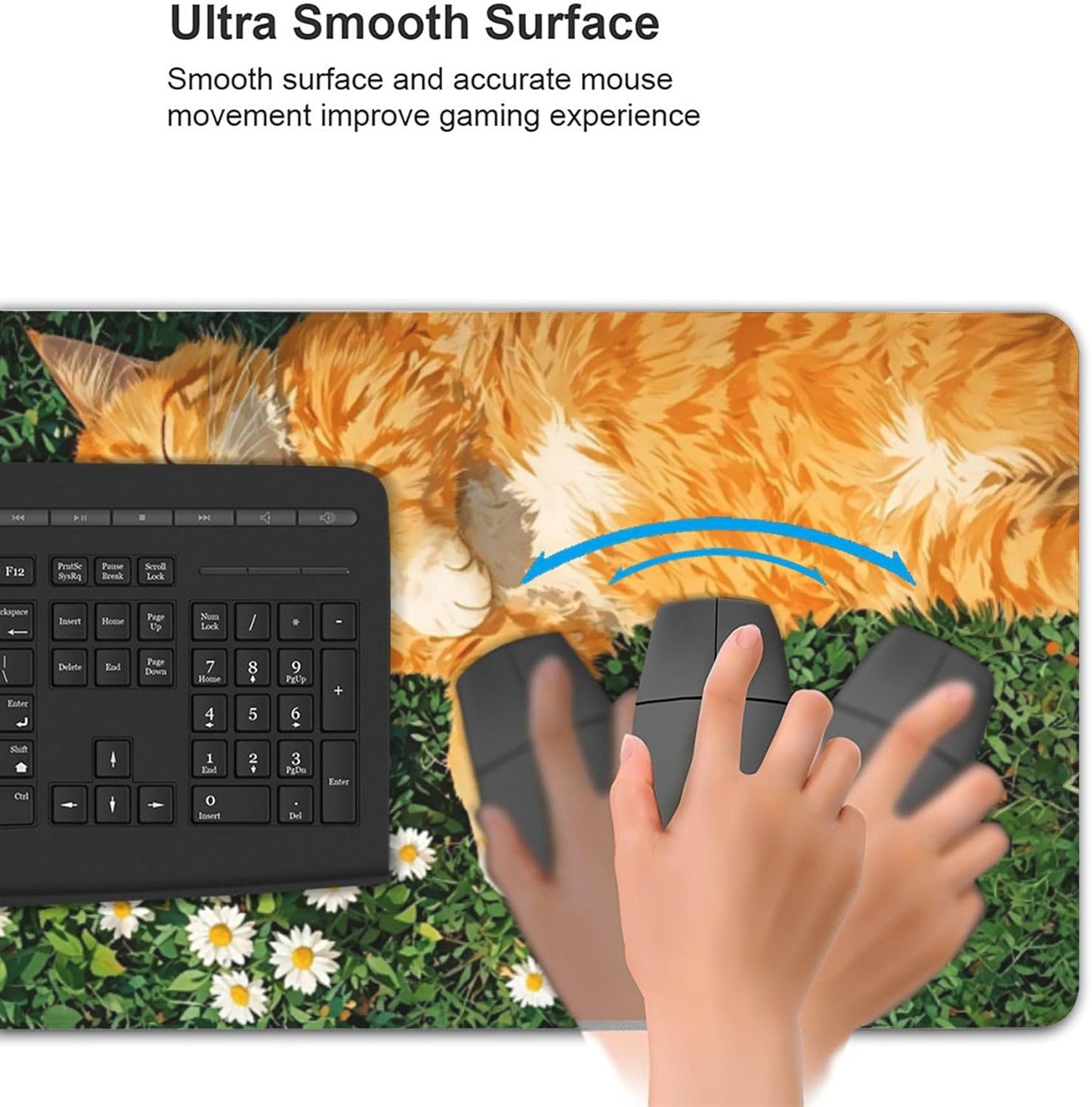Cozy Cat Large Mouse Pad, Grass Daisy Gaming Desk Mat, XXL Keyboard Desk Pad Mat for Desktop, 35.4"x15.7" Non-Slip Base Big Mousepad with Stitched Edges