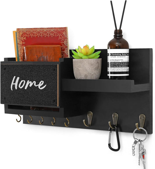 Decorative Key Hanging Rack with 8 Hooks – Easy Install Natural Wooden Key and Mail Holder for Wall Mount – Sunglasses Wallet Holder Entryway Decor with Shelf and Chalkboard (Coal Black)