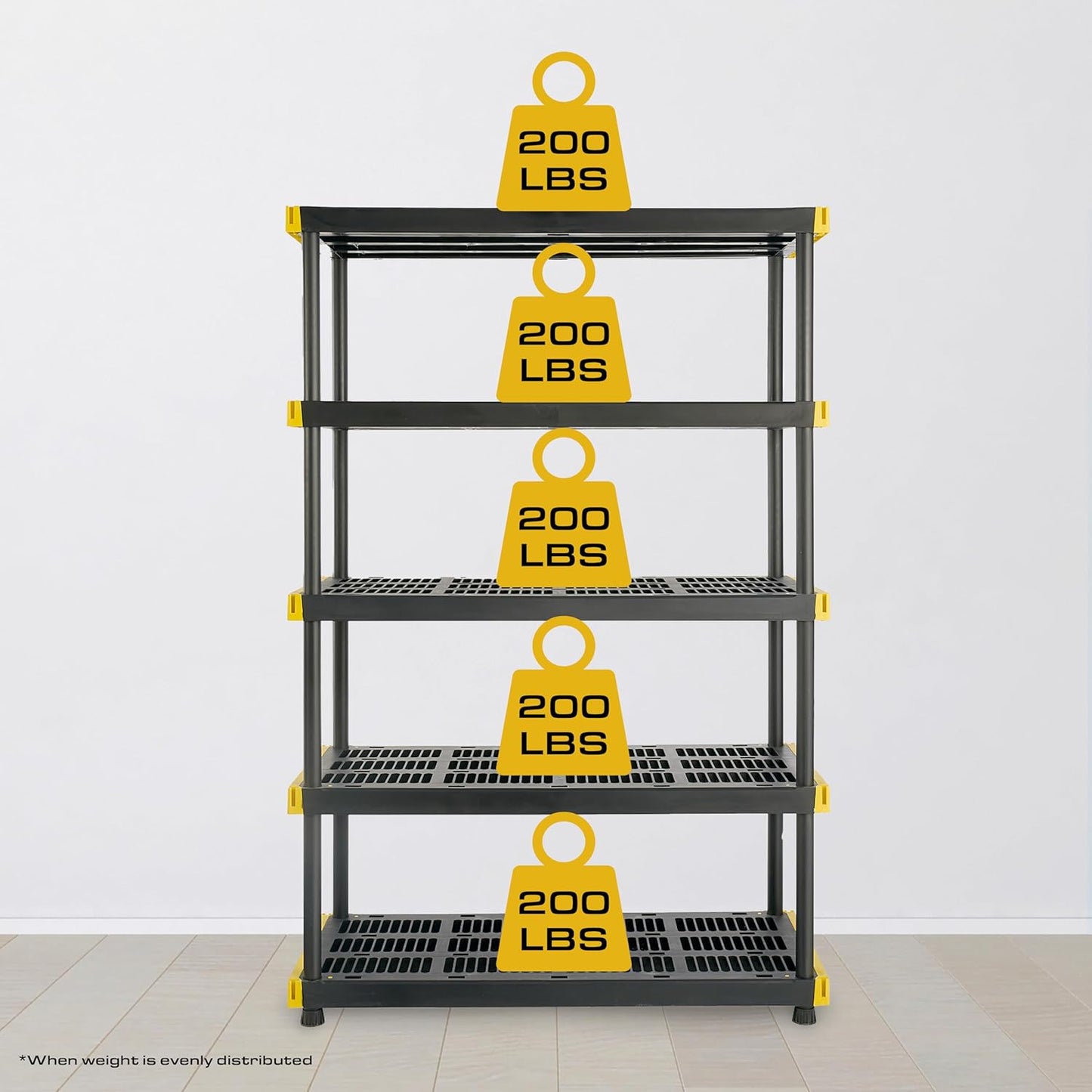 CX Black & Yellow, 5-Tier Heavy Duty Plastic Storage Shelving Unit, 200lbs/shelf (72”H x 48”W x 20”D), for Garage Storage, Warehouse & Basement Use, Modular Rack