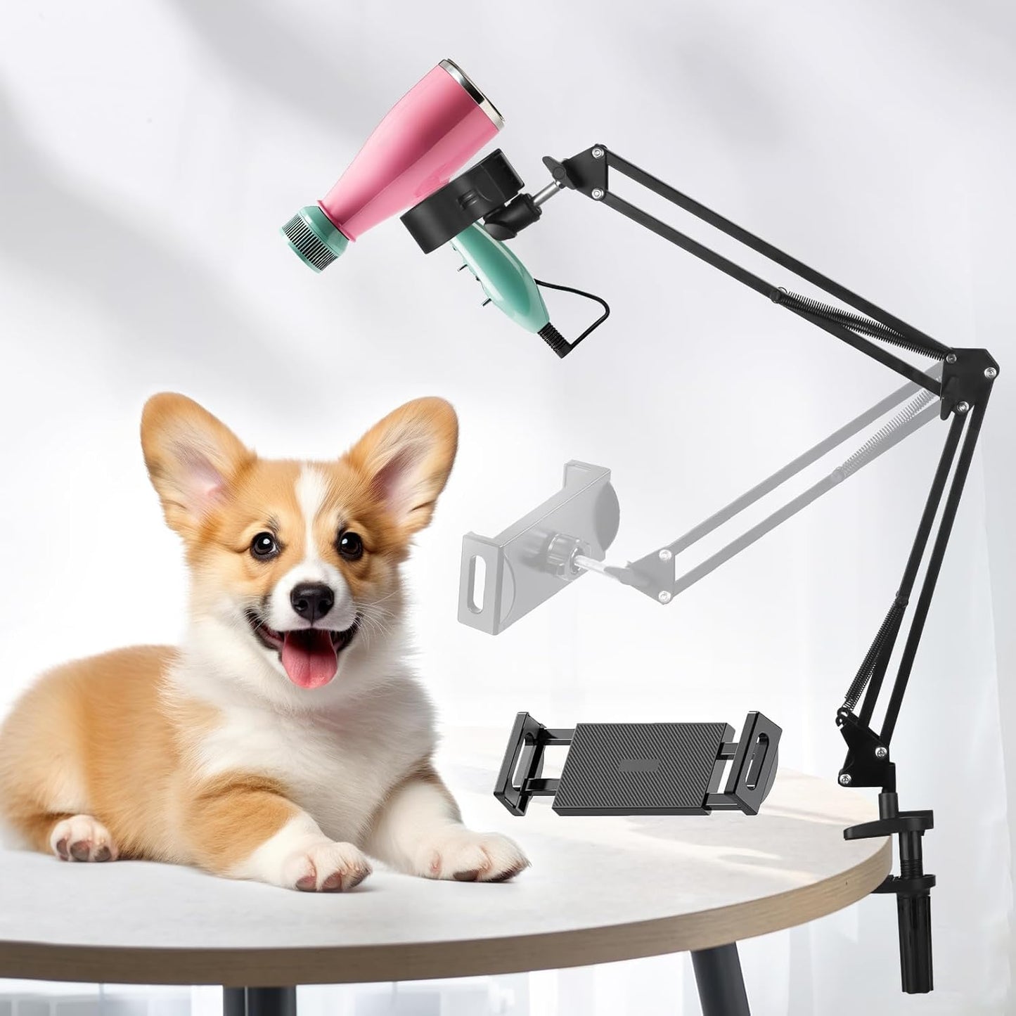 Black Dog Hair Dryer Holder - 360° Rotating Hands-Free Stand with Adjustable Clamp for Blow Dryers,3-in-1 Holder for Pet Hair Dryer, Tablet, and Phone Holder,Flexible, Sturdy, Safe