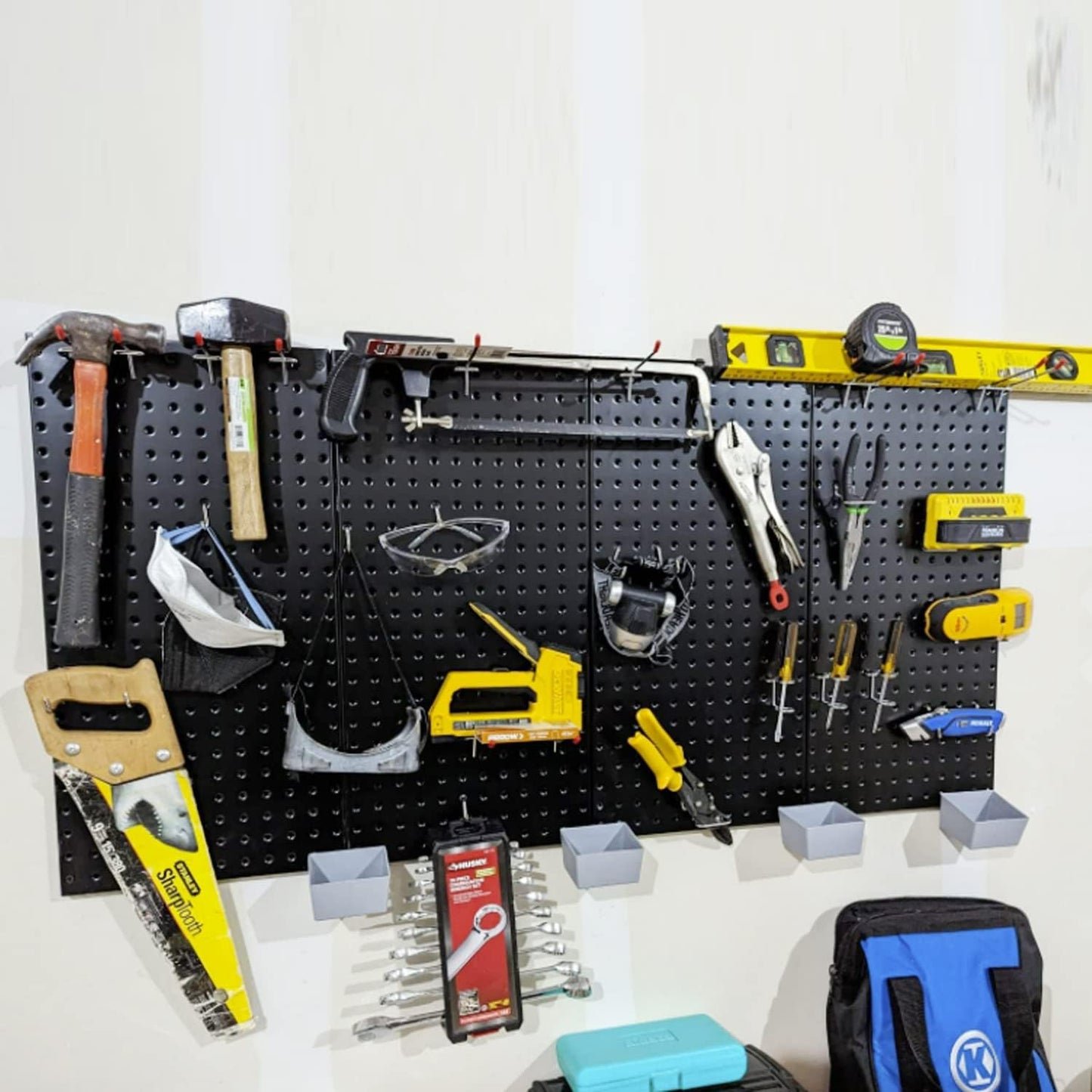 Wallmaster Pegboard Organizer Garage Storage - 48pcs Pegboard Hooks Set, Pegboard Tool Organizer with 48x24 Inch Steel Peg Board & 4 Storage Bins (Black)