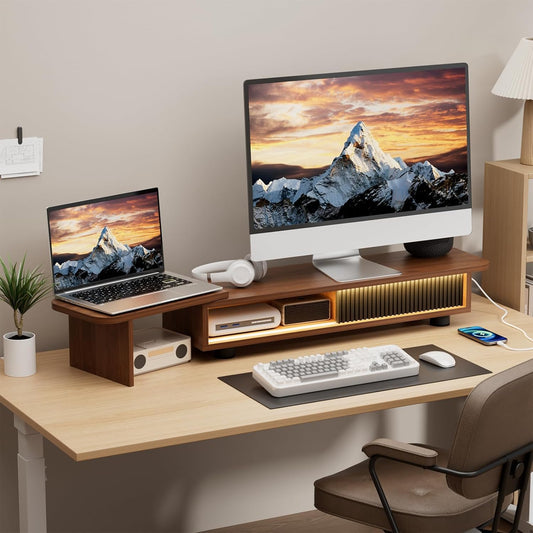 Artswish Monitor Riser Stand with Charging Station & RGB Light, Adjustable Angle Dual Monitor Stand for Desk, Computer Desk Shelf with Sliding Door, Desk Organization for Top of Desk, Walnut cOLOR