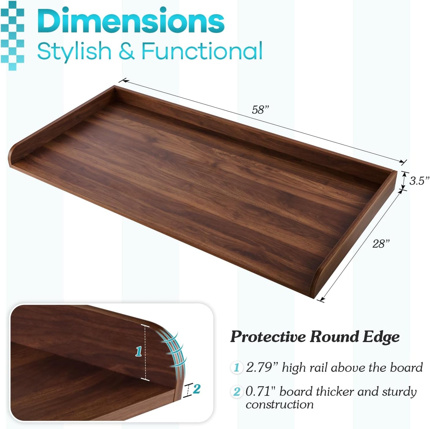 Kaboon Washer Dryer Countertop 58" x 28" Extra Large Version, Melamine Countertop with 3.5" Edge Rails, Laundry Room Organization, Dark Walnut
