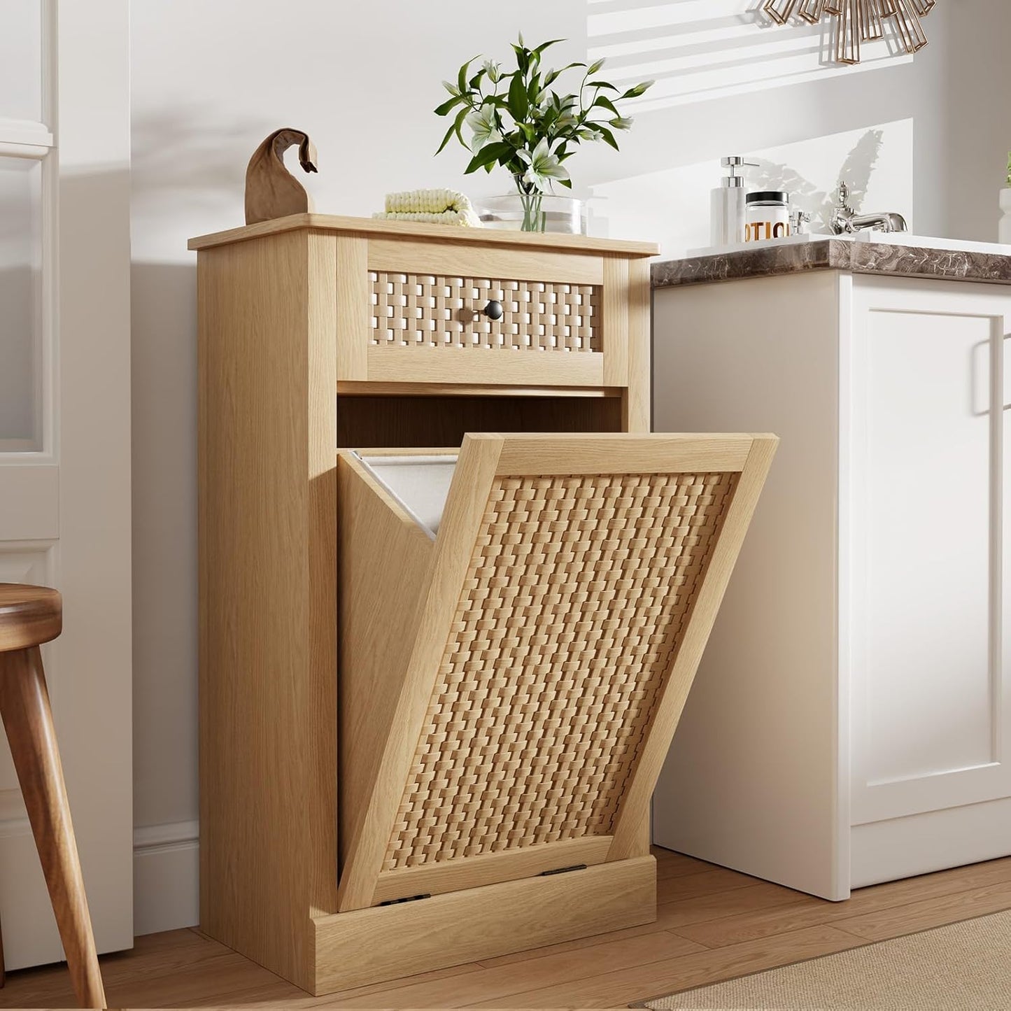 Tilt Out Laundry Hamper Cabinet,10 Gallon Laundry Cabinet with Drawers ＆ Hidden Baskets, Farmhouse Storage Basket for Laundry Room, Bathroom, Kitchen, Wood