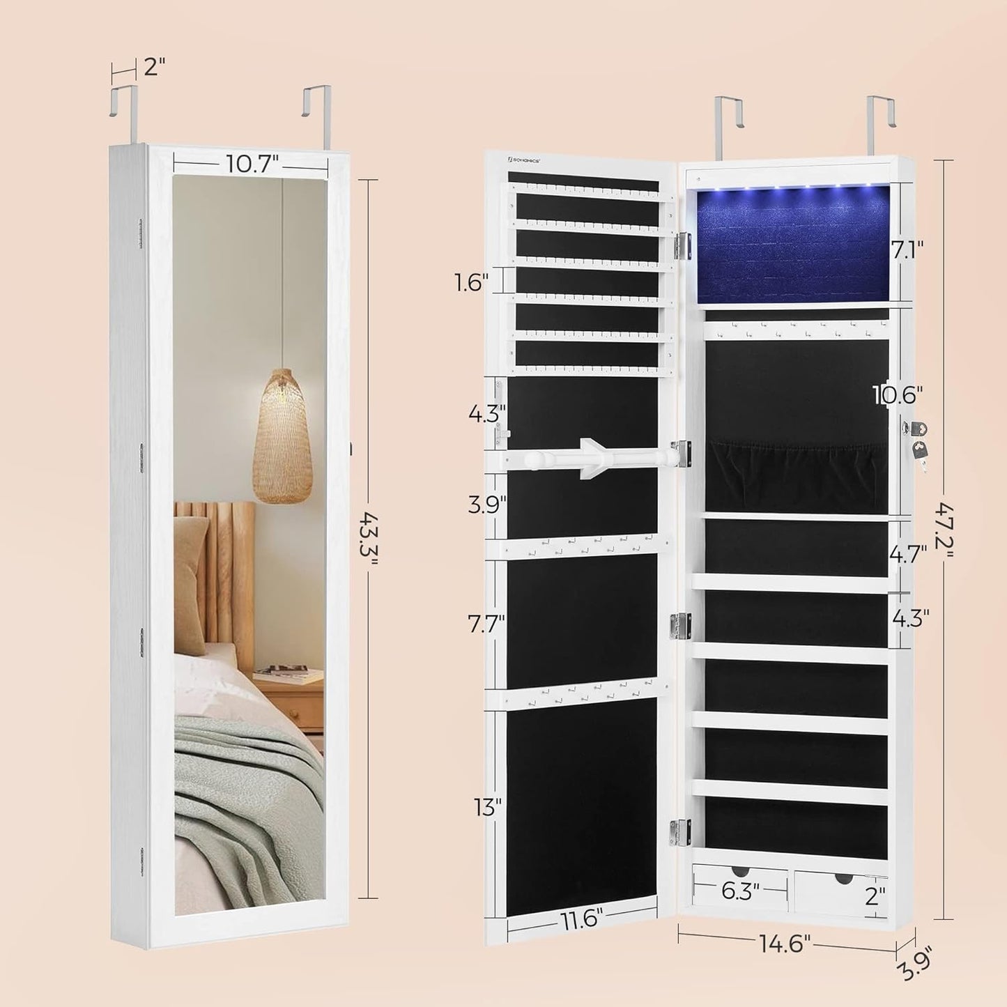 SONGMICS 6 LEDs Mirror Jewelry Cabinet, 47.2-Inch Tall Lockable Wall or Door Mounted Jewelry Armoire Organizer with Mirror, 2 Drawers, Christmas Gift, 3.9 x 14.6 x 47.2 Inches, White