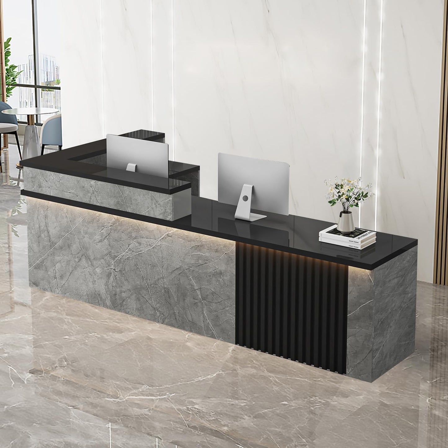 Receptionist Desk with LED Light，Wooden Salon Checkout Counter with Storage Drawer & Keyboard Tray Modern L-Shaped Reception Desk for Barbershop Office Company Store