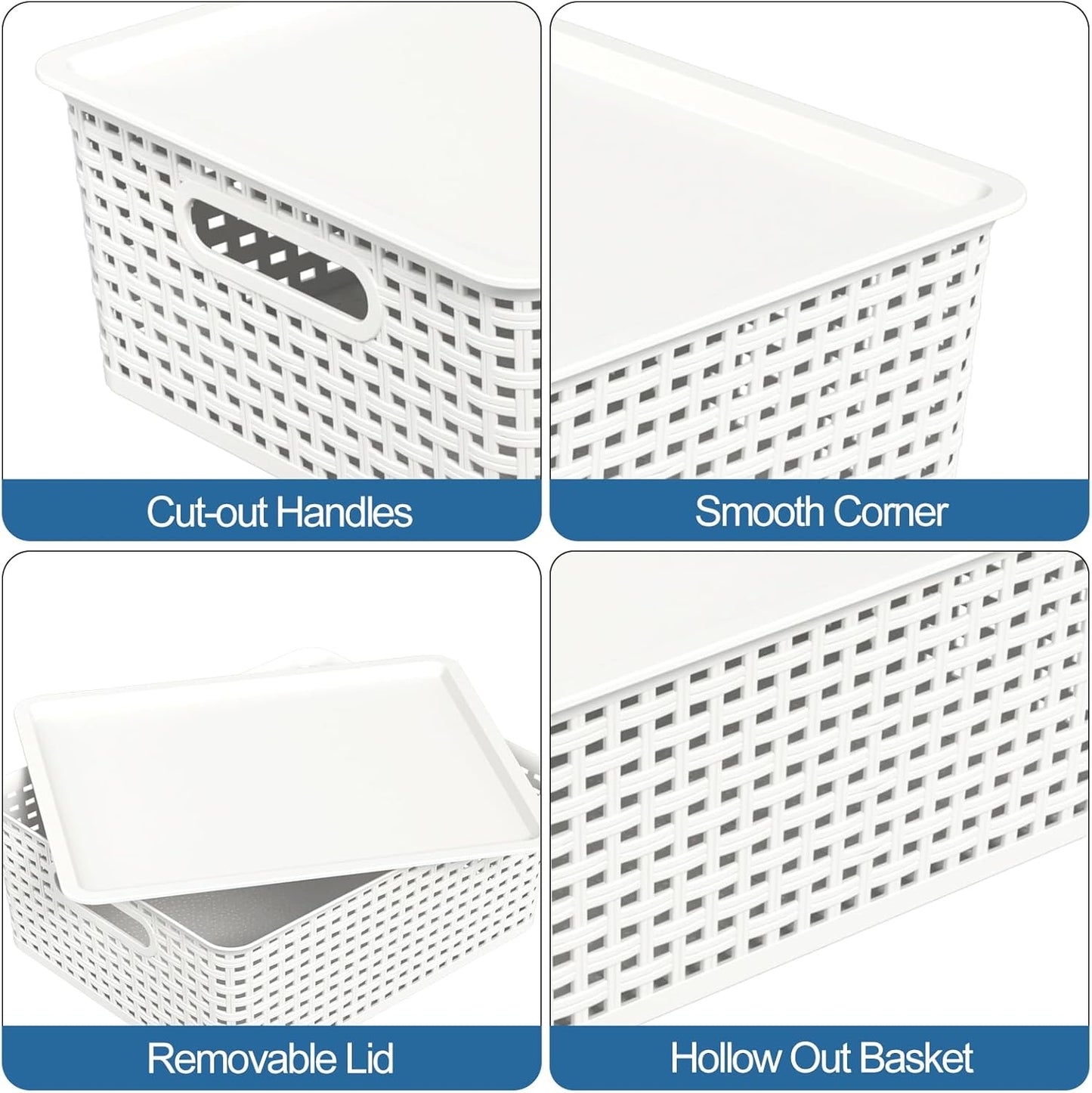 Hespama 6-Pack Plastic Weave Storage Basket with Lid, Stackable Organizer Basket, White
