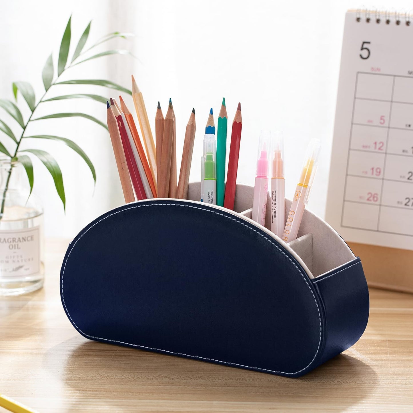 Remote Control Holders Organizer Box with 5 Compartment PU Leather Multi-functional Office Desk Storage Caddy Store Tv Remote for Media Player,Brush,Pencil,Glassees&Office Supplies (Dark Blue)