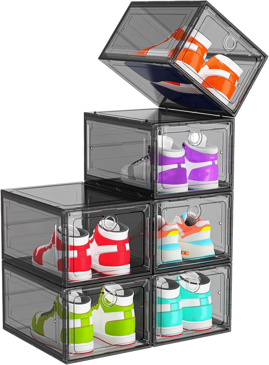 6 Pack Upgrade Harder Shoe Organizer, Shoe Storage with Magnetic Front Door, Clear Shoe Boxes Foldable Space-Saving Shoe Rack for Sneaker Boot Container, Black