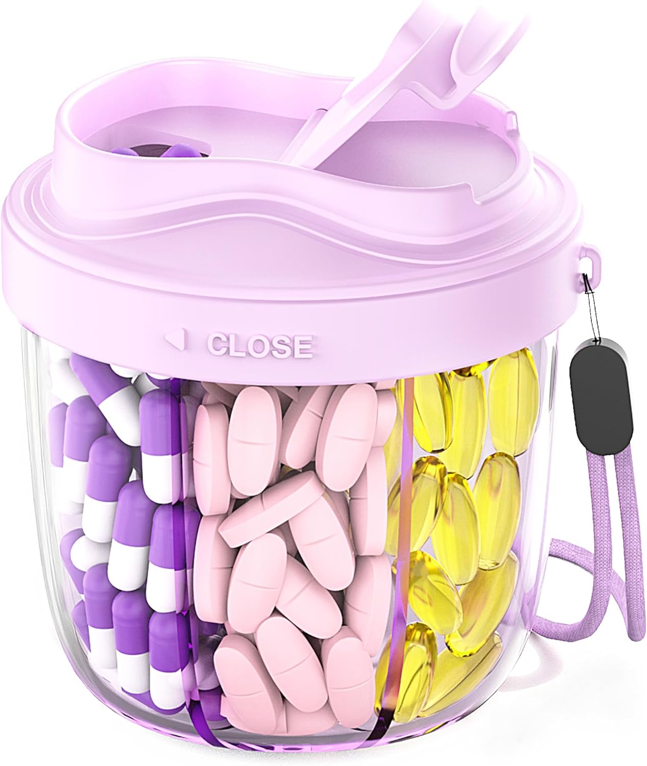 Cute Pill Organizer,Pill Dispenser with 7 Large Compartments,Portable Pill Bottle Box with Wide Opening for Easy Use, Anti-Mix Pills Organizer for Travel,Includes 20 Pcs Sticky Labels（Purple）