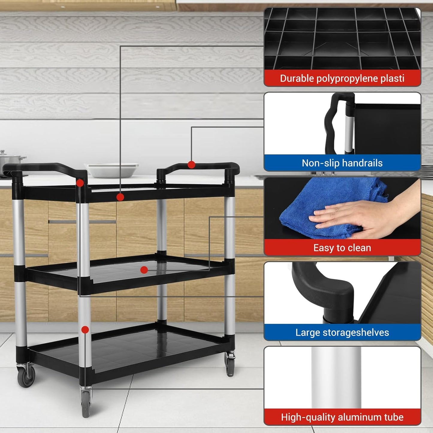 3-Tier Plastic Service Utility Cart with Wheels, Heavy Duty 3-Shelf Rolling Utility/Push Cart for Foodservice/Commercial/Restaurant/Office/Kitchen/Hotel, Black