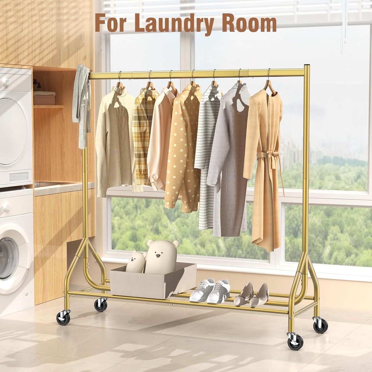 EAGMAK Heavy Duty Clothes Rack Load 420 LBS, Rolling Garment Rack with Lockable Wheels, Standing Metal Clothing Rack, Portable Wardrobe Sturdy Coat Rack for Hanging Clothes (Gold, 59″×18.9″×63″)
