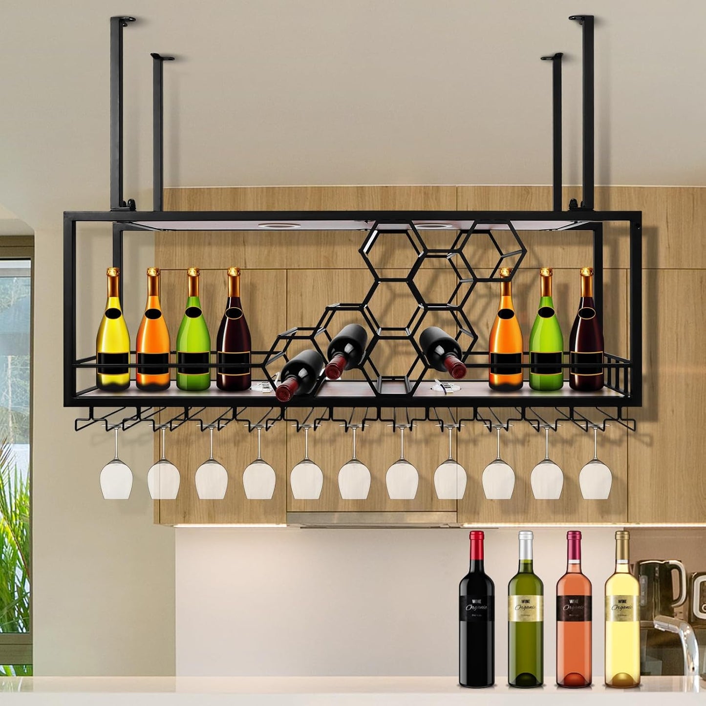Metal Hanging Wine Rack Hanging Organizer Ceiling Bar Wine Glass Rack with Glass Holder and Shelf Multi Functionl Wine Bottle Holder Organizer, for Bar Cafe Kitchen