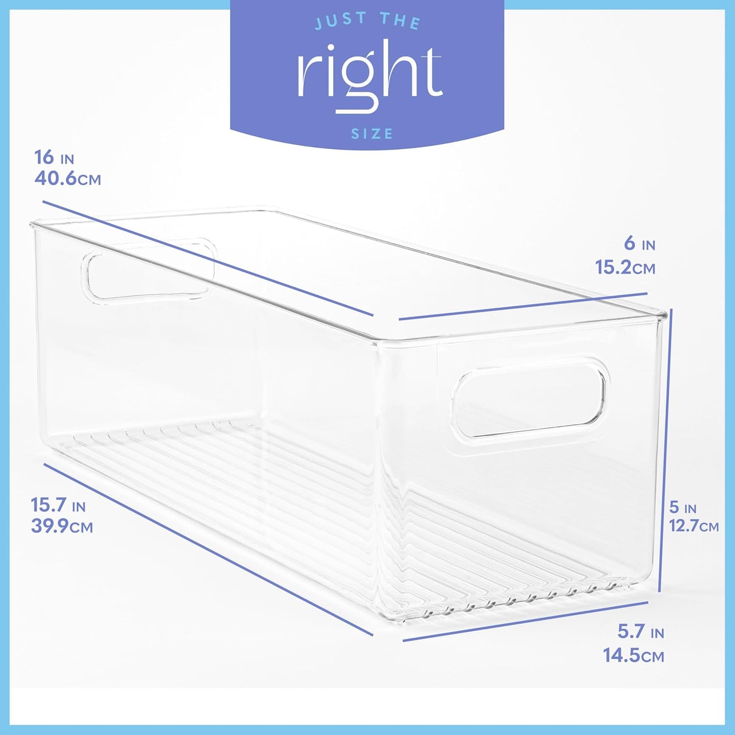 primebox Plastic Food Storage 4 Pack Clear Container Bin with Handles for Organizing Kitchen, Pantry, Refrigerator, Freezer, Pantry, Cabinet, Closet, Bathroom. 16”x6”x5”