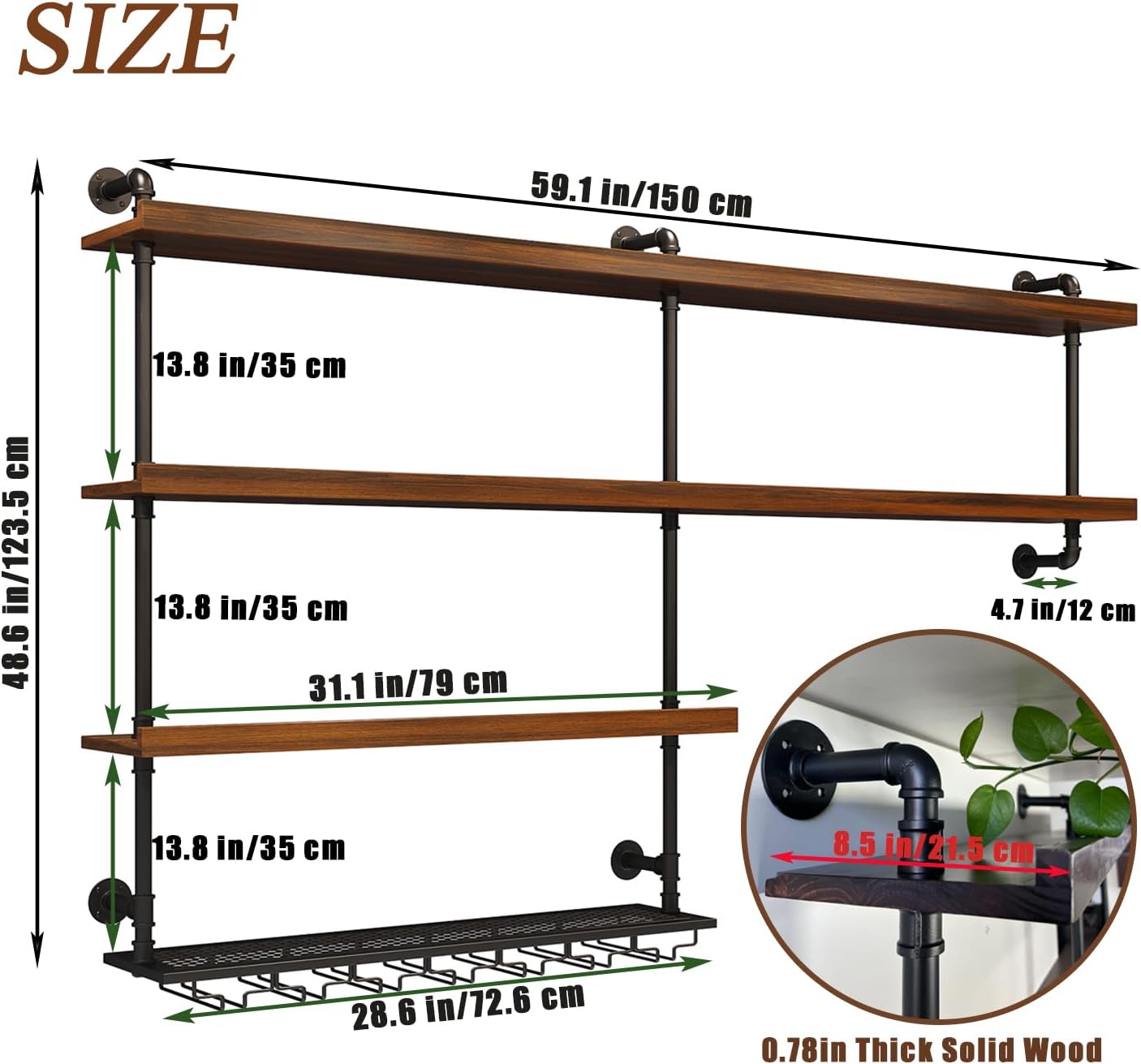 Solid Wood Wall Mounted Wine Rack, Large Wine Rack with LED Light, 4 Tiers Liquor Bottles Floating Shelves with Glass Holder, Industrial Bar Shelves for Home Bar Dining Room (59.1 IN/ 150CM)