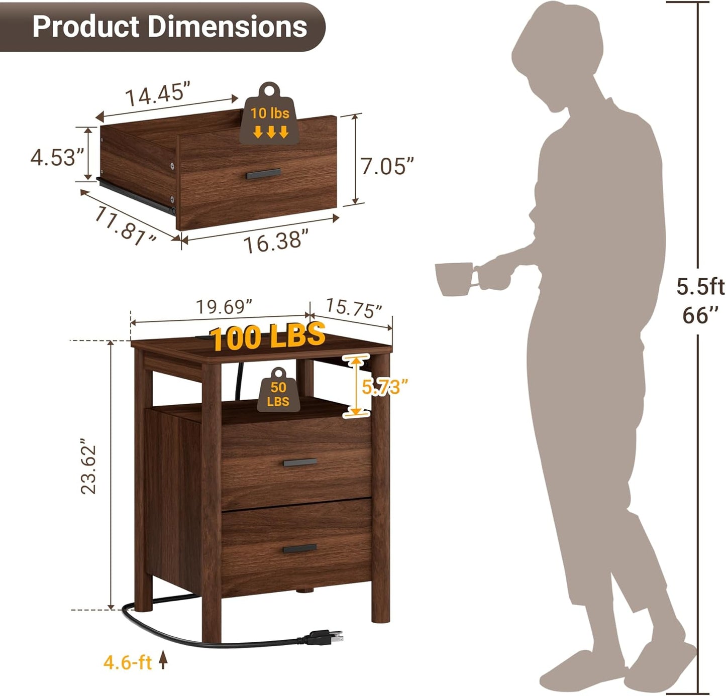 Night Stand Set of 2 with Charging Station, 20" Large Modern Side Table with Solid Round Post Legs, 2 Drawers End Table with Open Shelf, Nightstand for Bedroom, Walnut