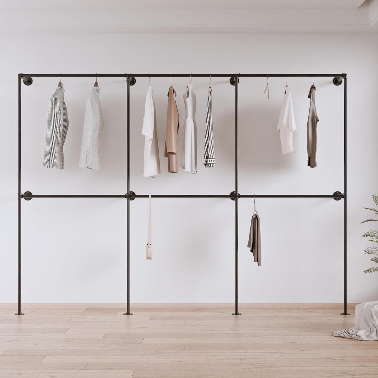 Industrial Pipe Clothing Rack, Heavy Duty Wall Mounted Clothes Rack,Retail Display Hanging Garment Rod for Laundry Rooms, Closet Storage, 14.6x110x82.7 Inches, Model K04