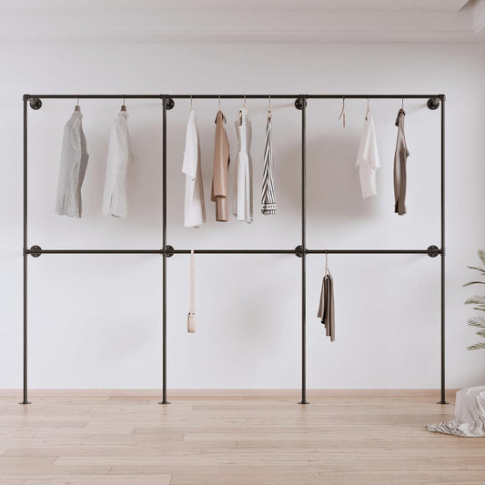 Industrial Pipe Clothing Rack, Heavy Duty Wall Mounted Clothes Rack,Retail Display Hanging Garment Rod for Laundry Rooms, Closet Storage, 14.6x110x82.7 Inches, Model K04
