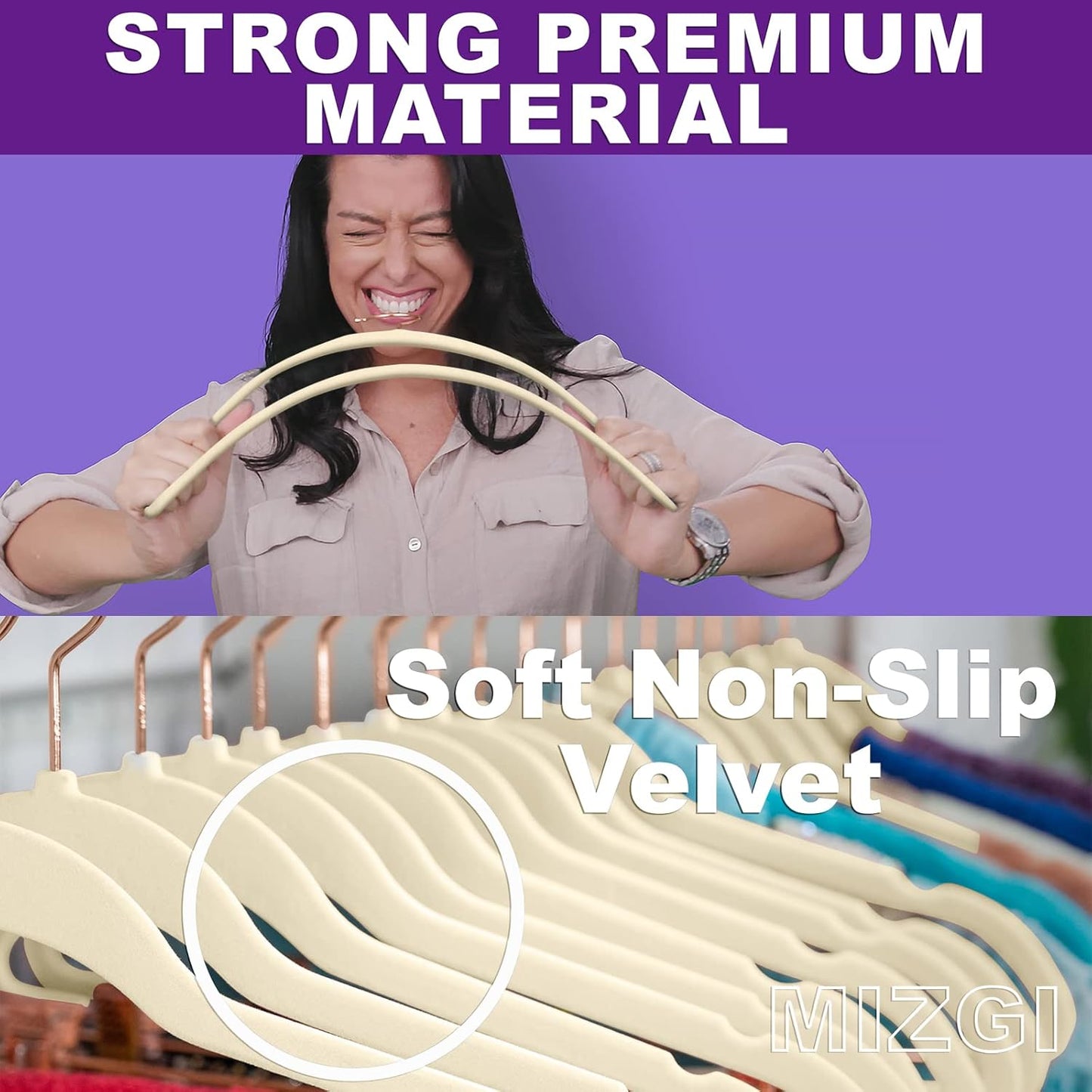 MIZGI Premium Velvet Hangers (60 Pack) Heavy Duty - Non Slip Felt Hangers - Velvet Suit Hanger Ivory - Rose Gold Hooks,Space Saving Clothes Hanger