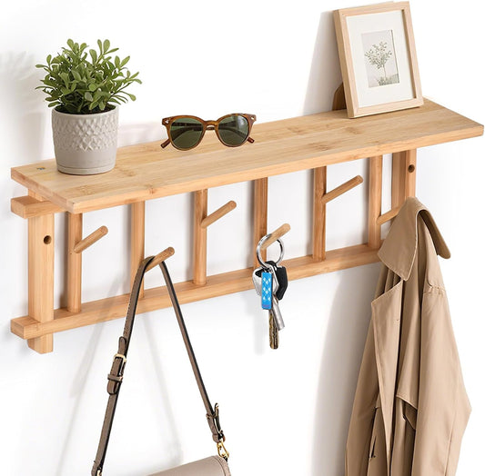 Coat Rack Wall-Mounted with Shelf Coat Hooks Wall Mount with Shelf Entryway Hanging Shelves with 6 Rotating Hooks for Hallway/Living Room/Bedroom/Kitchen (Bamboo)