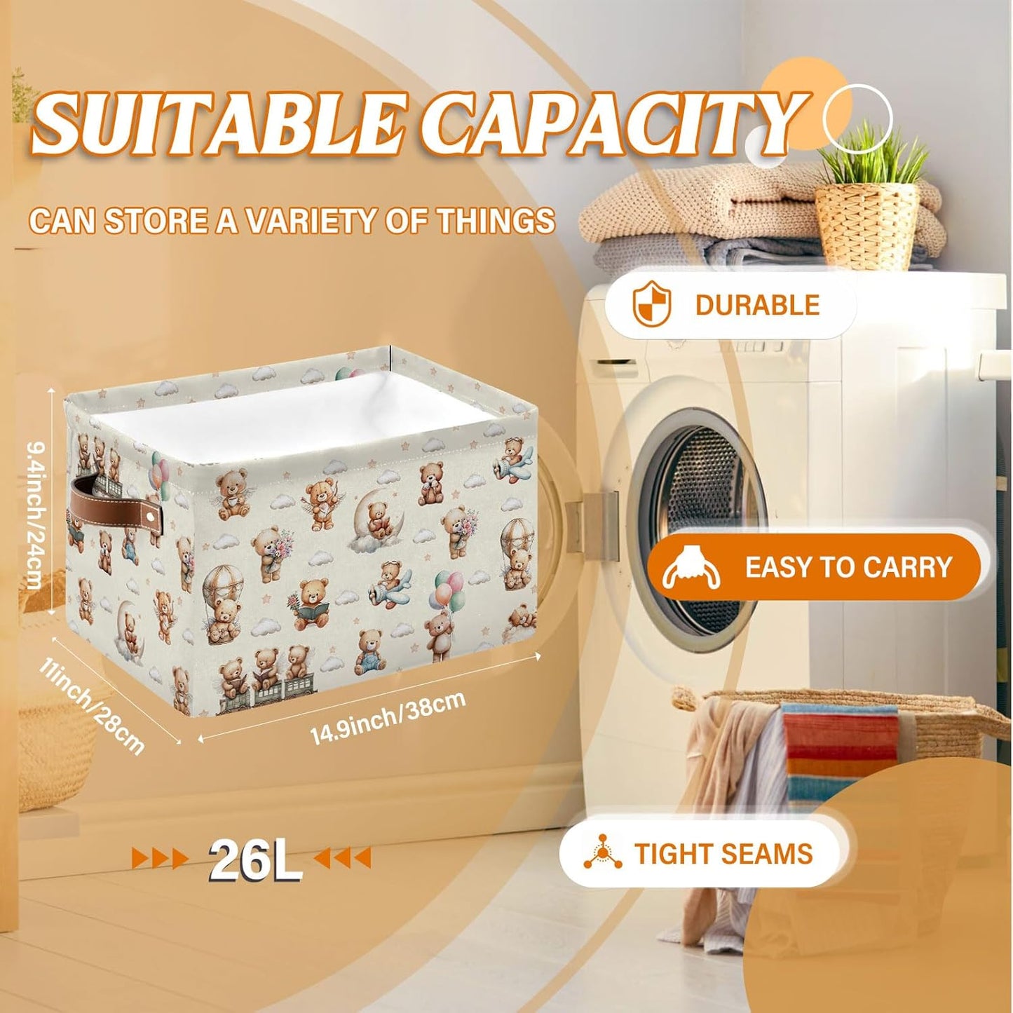 Rectangle Cute Bear Nursery Storage Basket, Collapsible Storage Box Bin with Handles for Toy, Balloon Storage Basket , Laundry Organizer for Room, Gifts for Chritsmas Thanksgiving 14.9x11x9.4