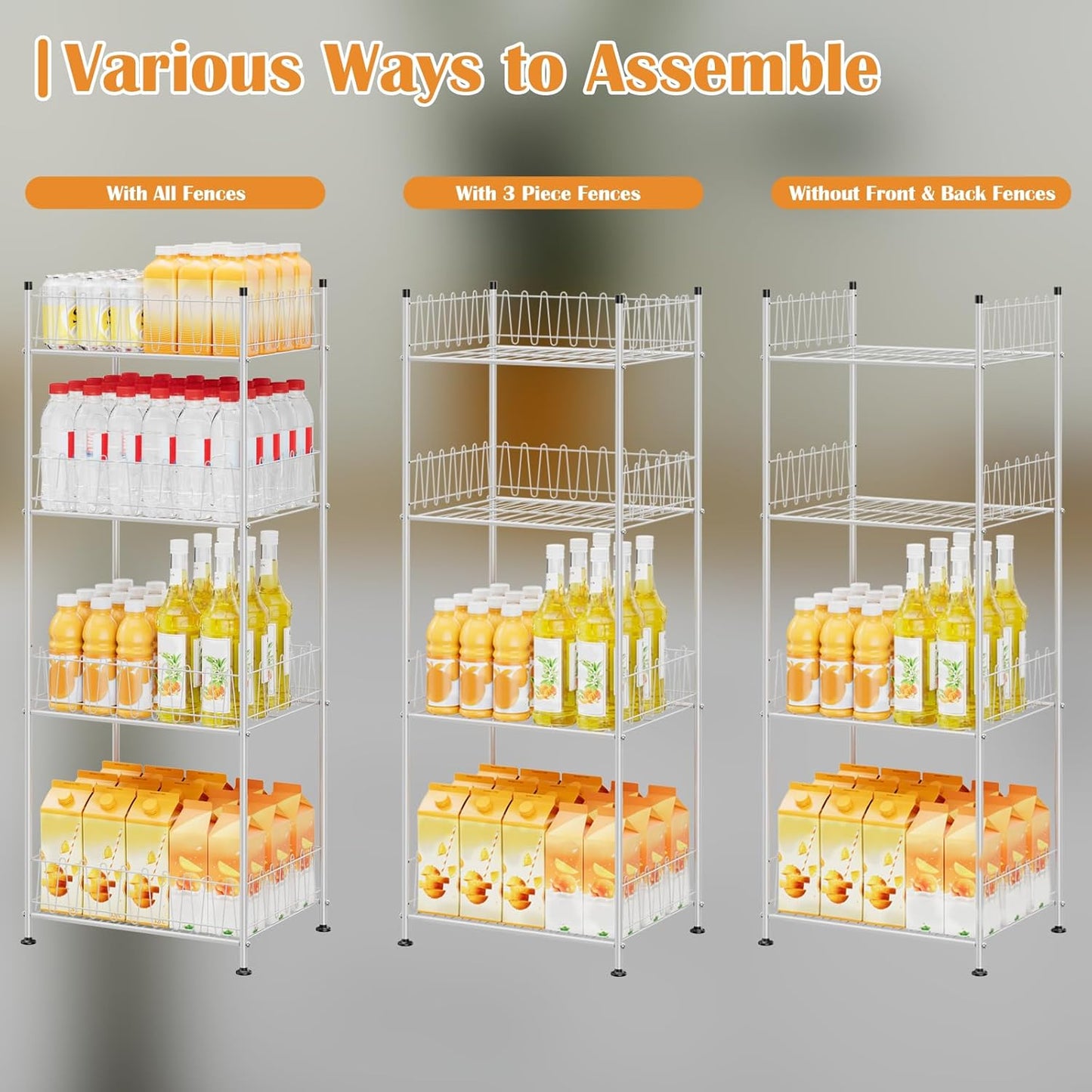 ETELI Water Bottle Holder Organizer 4 Tier Drink Can Shelf Organizer Rack for Floor Freestanding Water Bottle Rack Stand Beverage Storage Shelf for Pantry Kitchen Food Storage, Silver