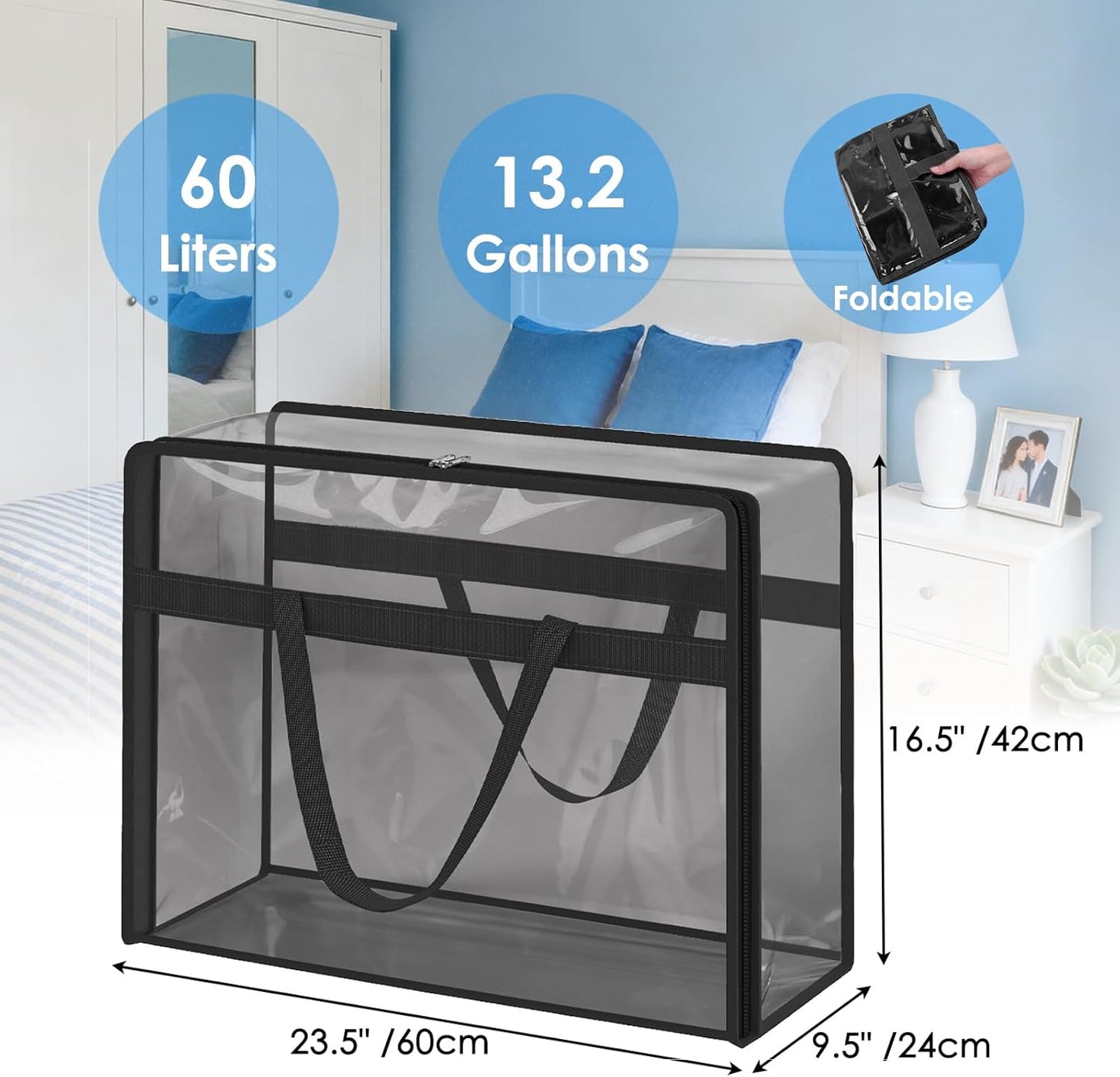 SGHUO Clothes Storage Bags 60L Extra Large Plastic Moving Bag for Comforter, Bedding, Blanket Storage Bags with Zipper and Reinforced Handle (4pcs, Black)